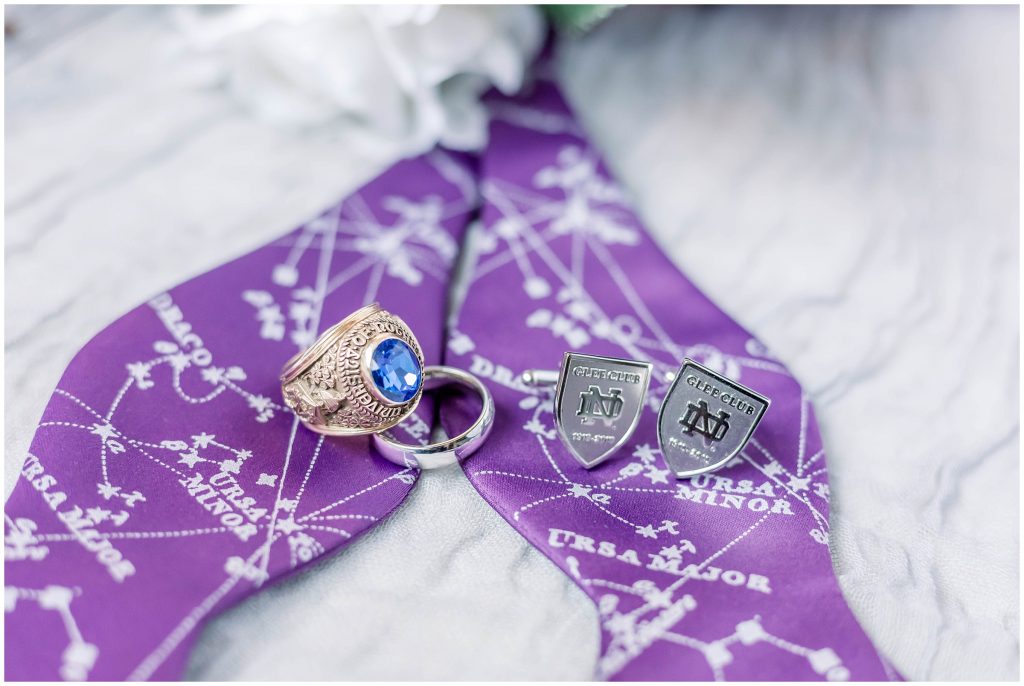 Purple bowtie with cuff links, Notre Dame class ring and male wedding band